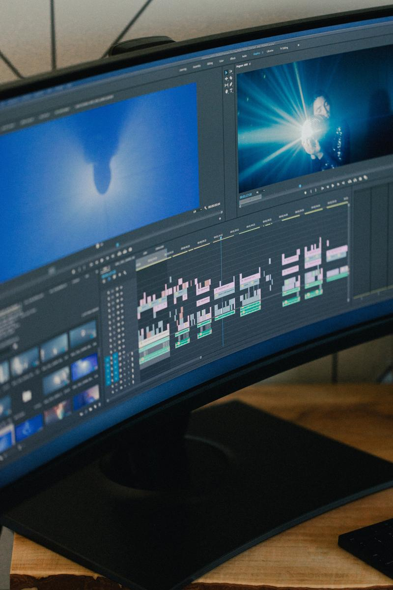 close up of curved monitor showing premiere pro timeline